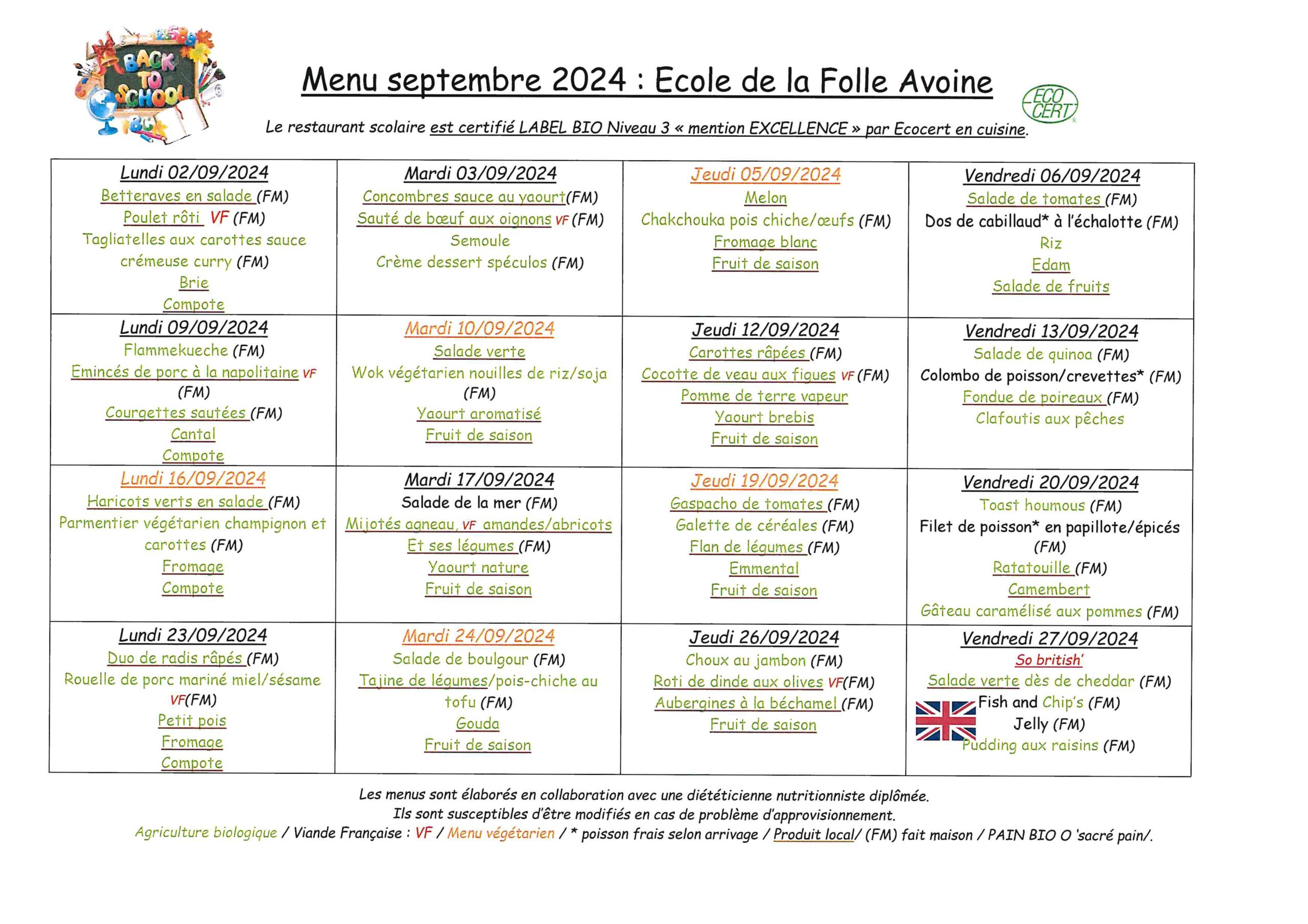 Menu septembre 2024 Ecole de la Folle Avoine