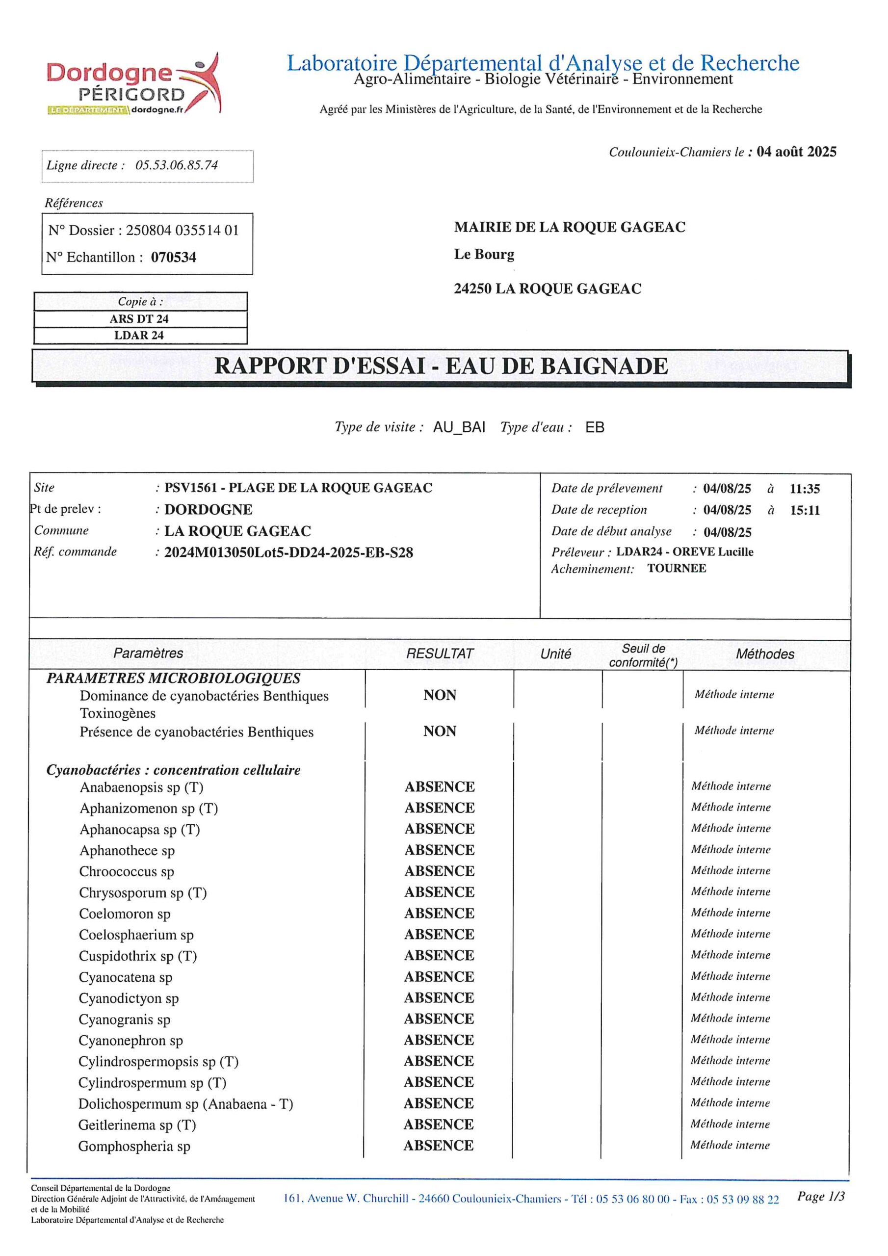 Eau de baignade rapport 1 001