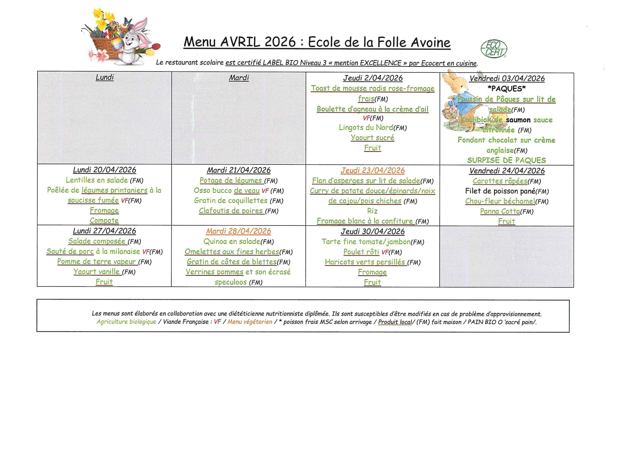 Menu avril 2026