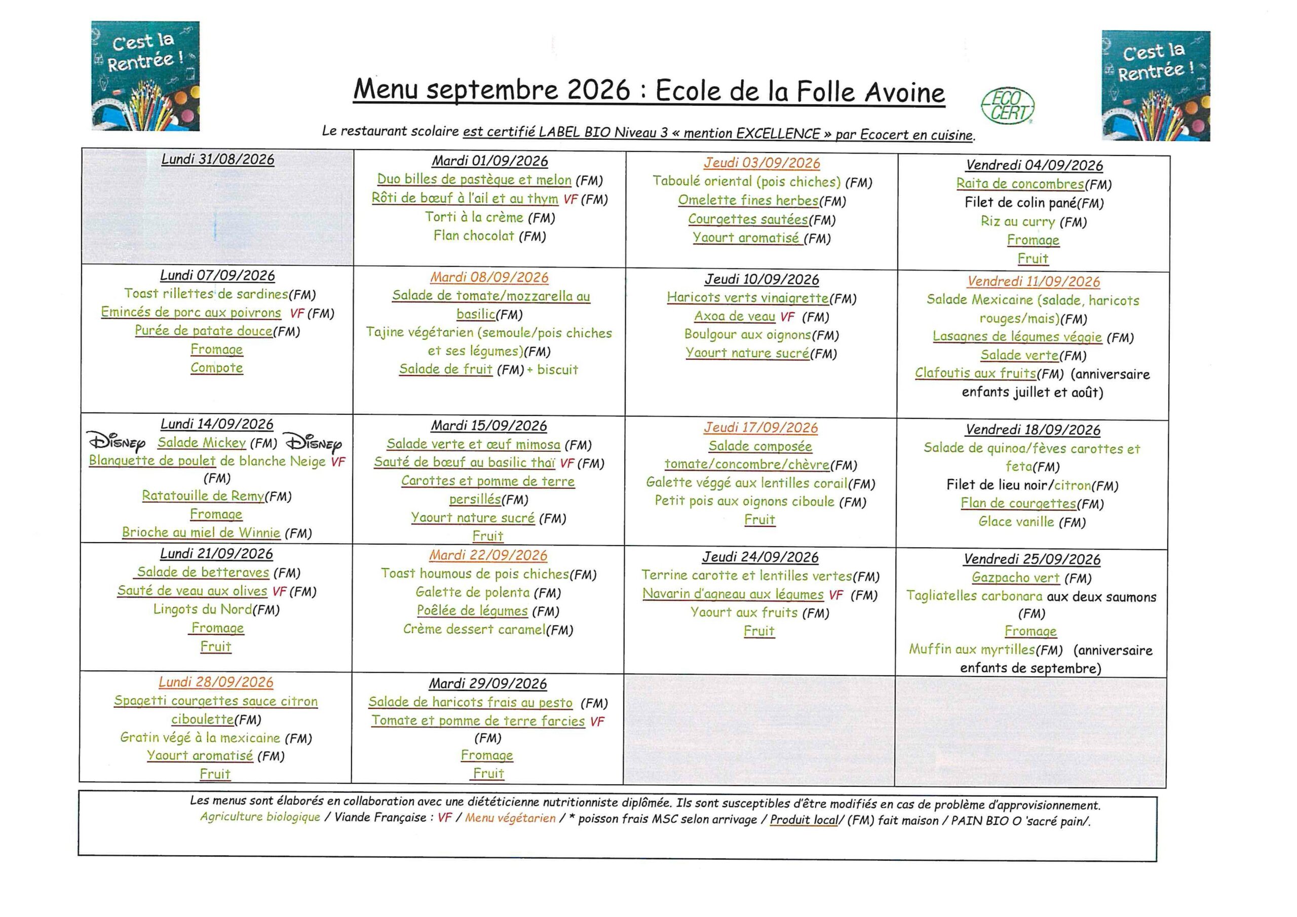 Menu septembre